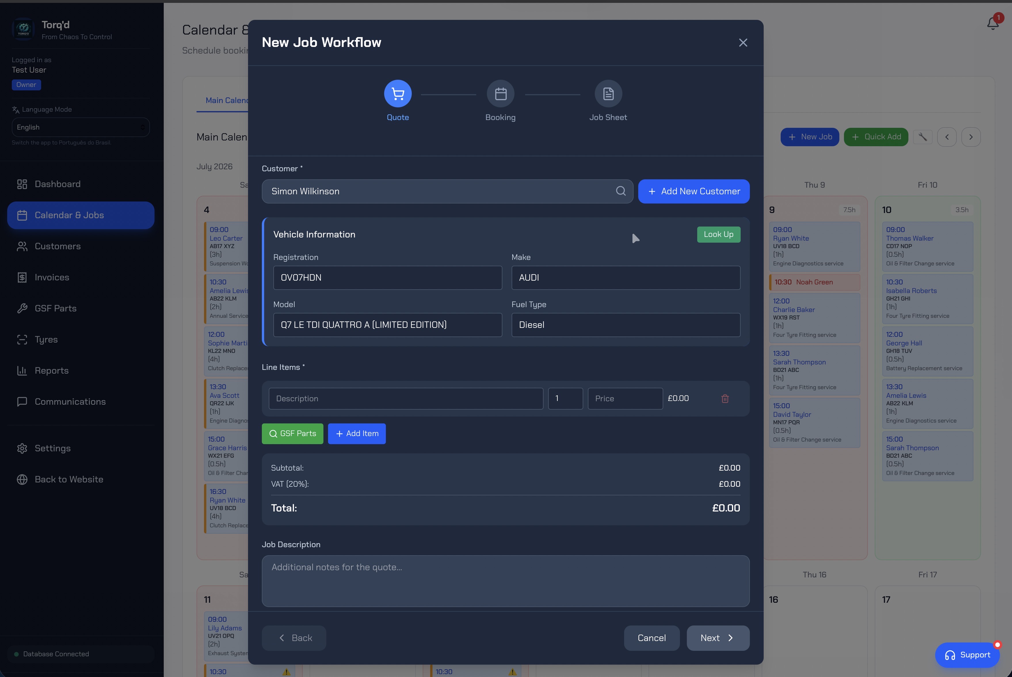New job workflow with quote, booking and job sheet steps