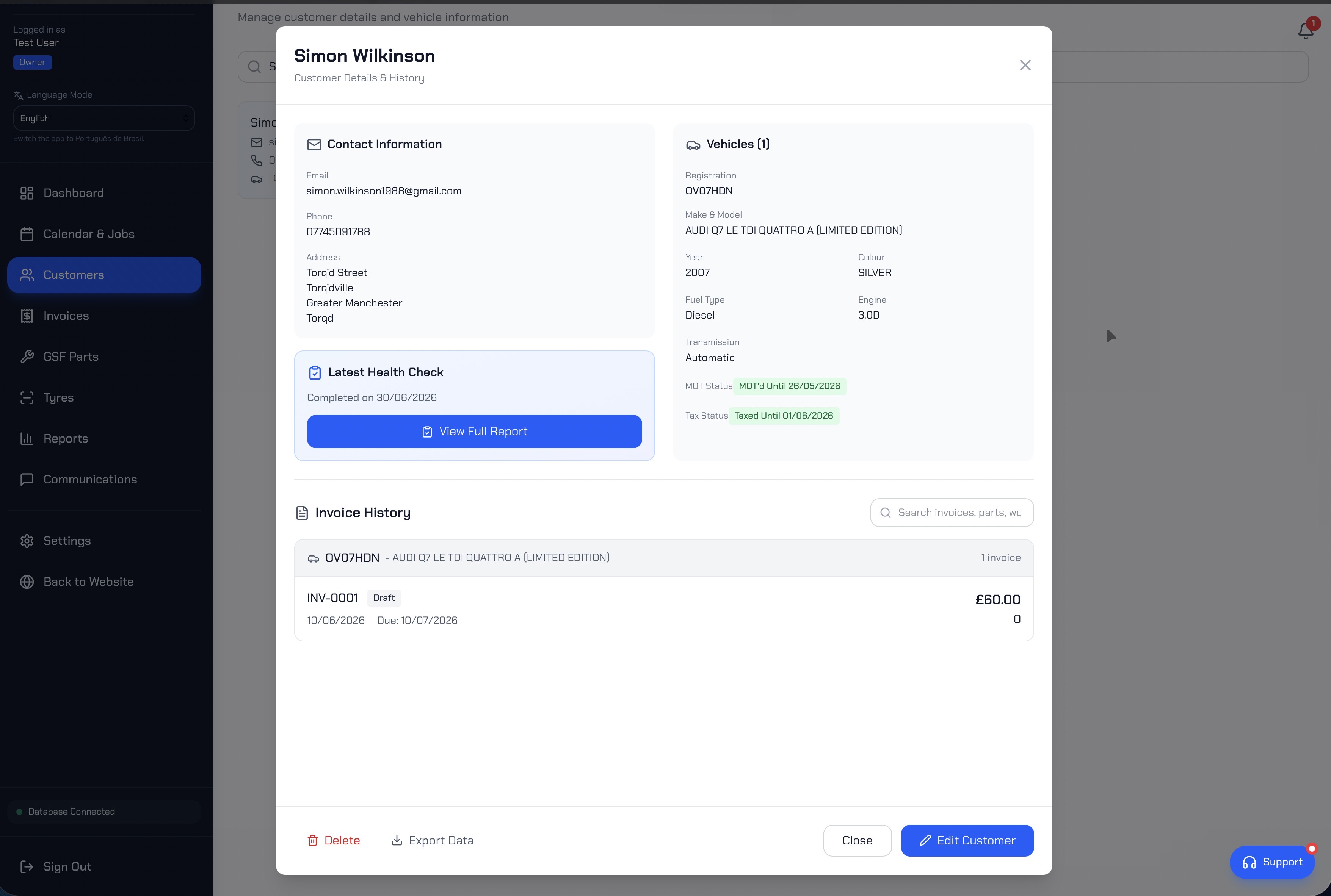 Customer record with vehicle history, MOT status and invoice history